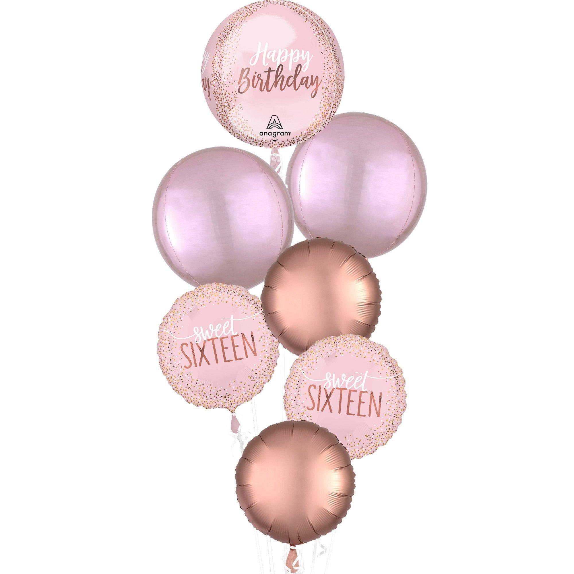 Premium Blush Pink & Gold Sweet 16 Birthday Foil Balloon Bouquet with Balloon Weight, 9pc
